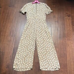 Monte Beige Ditsy Print Jumpsuit with a Deep V Neckline, Size Small
